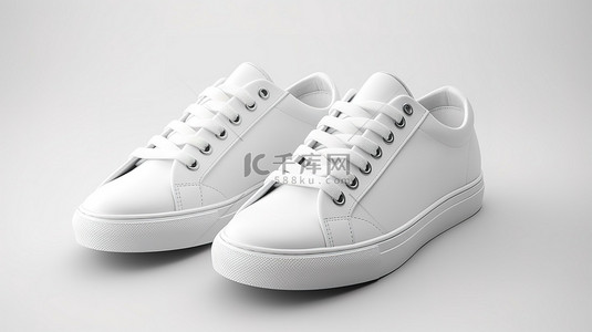 全新设计的全白色运动鞋，在 3D 渲染的干净背景上没有品牌