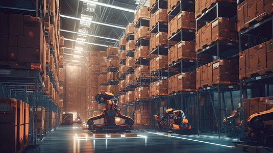 工厂机器人背景图片_工作中的自动化机器人的未来仓库 3D 渲染