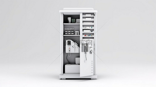 白色文件背景图片_白色背景上独立文件柜和服务电话的 3D 插图
