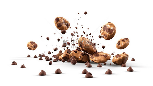 白色可可豆背景图片_在孤立的白色背景上滴着巧克力片的可可的 3D 插图