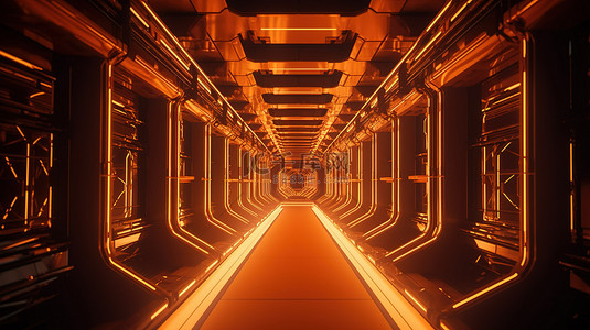 赛博朋克概念宇宙飞船走廊，在 3D 渲染中发出橙色光