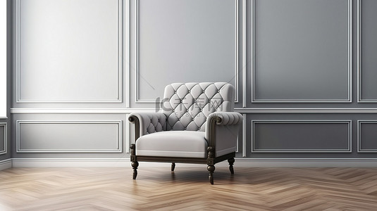 木地板上靠墙的灰色扶手椅的 3D 渲染