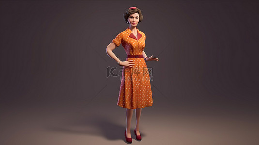穿着睡衣的人背景图片_穿着 40 年代复古连衣裙的中年妇女以 3D 呈现