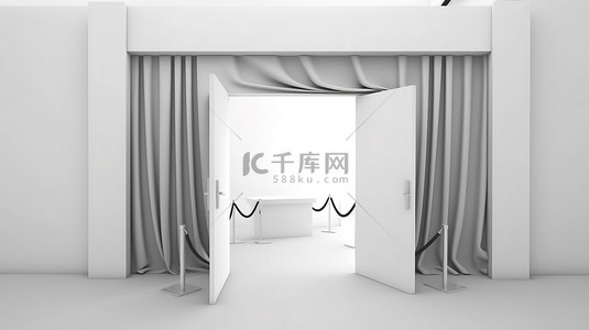 3d 渲染白色门在白色背景上封闭贸易展摊位的屏障绳内打开
