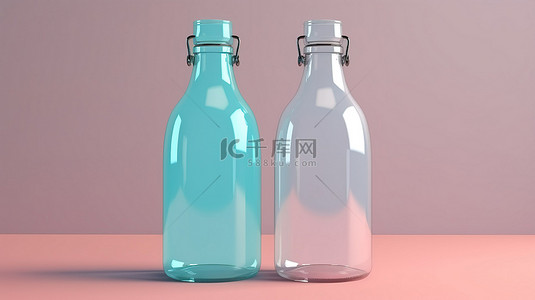 彩色背景增强了卡通玻璃瓶的 3d 渲染