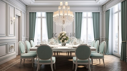 豪华座椅背景图片_优雅的餐厅，配有大桌子和豪华座椅，位于传统住宅 3D 渲染中
