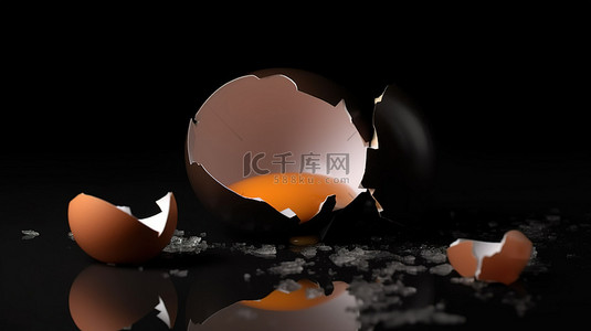 鸡蛋破碎背景图片_深色背景上的蛋壳碎片 整个鸡蛋和破碎鸡蛋的 3D 渲染