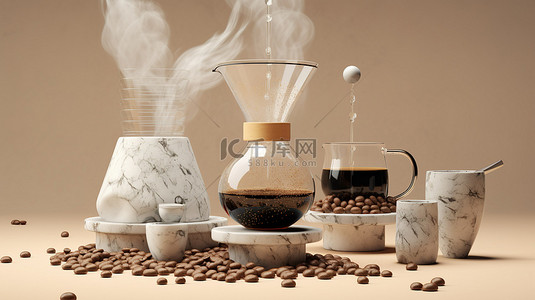 卡咖啡背景图片_水磨石大理石咖啡滴头和各种冲泡方法的 3D 插图