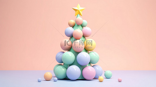 贺卡圣诞节背景图片_装饰有彩虹装饰的圣诞树的创意概念 3D 以柔和的色调渲染