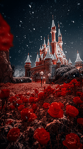 童话世界城堡背景图片_玫瑰花卉夜晚城堡梦幻卡通广告背景