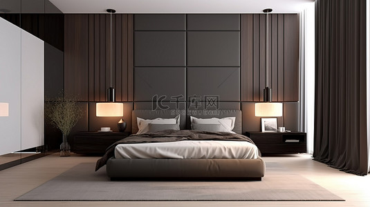 时尚现代的卧室配有衣柜电视区和床头柜，采用简约设计 3D 渲染