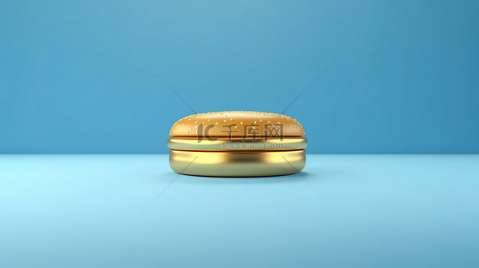 充满活力的蓝色背景上的 3D 时尚金色汉堡是渲染的杰作