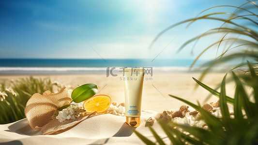 美容护肤补水背景图片_防晒霜护肤品阳光沙滩背景