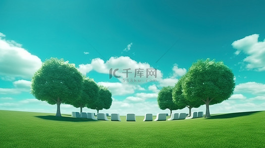 点缀的花背景图片_3D 插图树木和郁郁葱葱的草坪，开阔的天空下点缀着电影院