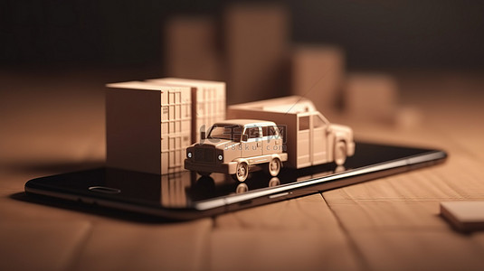 电子商务和航运概念智能手机盒和送货卡车的数字插图