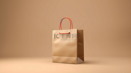 折扣购物袋 3D 渲染一个空米色纸袋，中性背景上有手柄