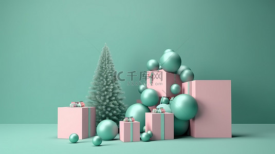 简约 3D 圣诞装饰礼品树，挂着球
