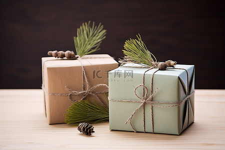 一家三口过圣诞背景图片_三个用松针包裹的圣诞盒