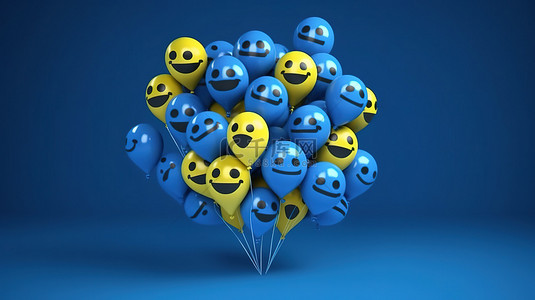 Facebook 的笑反应图标作为蓝色背景上的社交媒体气球符号的 3D 渲染
