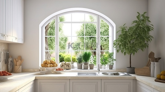 白色主题的家庭厨房 3D 渲染，带有可欣赏花园景色的窗户