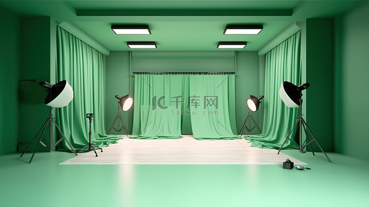柔光箱点亮摄影工作室，绿色背景 3D 渲染