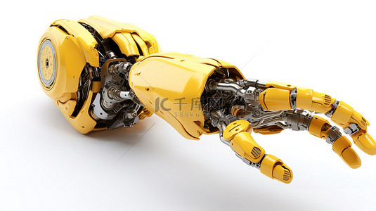 人手机械臂背景图片_数字化机器人手在干净的白色环境中抓握黄色机械臂