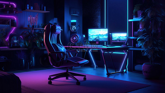 游戏室的高质量背景照片，配有 3D 渲染的电脑和椅子