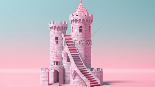雄伟的粉红色城堡塔楼，配有内部梯子，在蓝色背景 3D 渲染上以双色调呈现