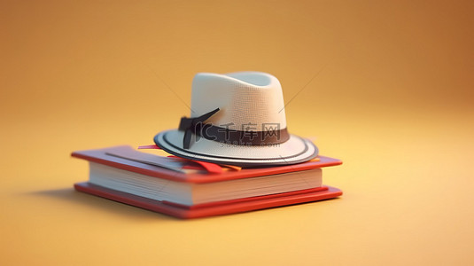 回到学校，现代等距设计，书上有一顶 3D 帽子，背景模糊