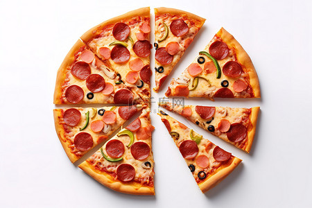 白色背景上的披萨被切成小片