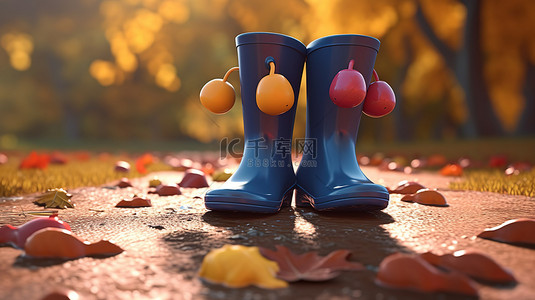 秋季主题 3D 渲染卡通雨靴在水坑里溅水