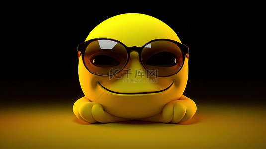 黄色笑脸卡通背景图片_3D 渲染中描绘的酷黄色表情符号或表情符号，带有傻笑的表情