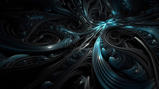 黑色背景上带有流动漩涡和装饰性 3D 形状的蓝线艺术壁纸
