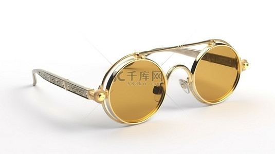 眼睛眼镜背景图片_白色工作室背景下的 3D 渲染金色复古眼镜