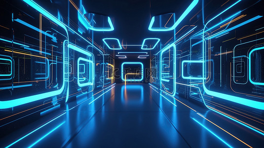 科幻技术产品和墙纸设计的 3D 陈列室插图中呈现的霓虹蓝色发光的抽象背景