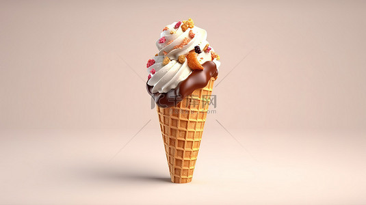 华夫饼甜筒中软冰淇淋甜筒巧克力和香草口味的 3D 插图