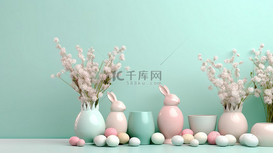 小兔子兔子背景图片_3D 复活节装饰插图柔和的彩色鸡蛋兔子花瓶，带有小枝，非常适合文本放置