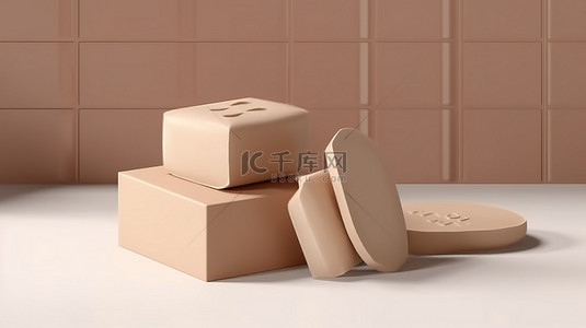 米色肥皂条和包装盒的模型，具有 3D 渲染