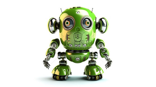 白色背景上绿色隔离 3D 插图的复古机器人