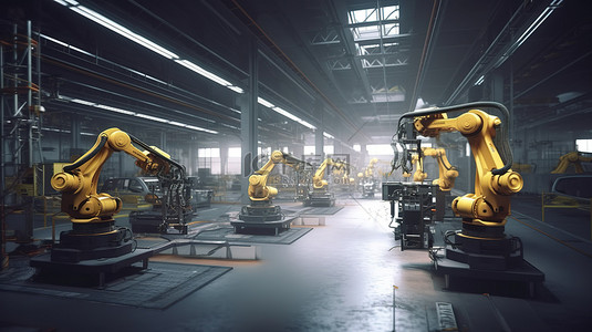 汽车工厂的机器人装配线以 3D 渲染