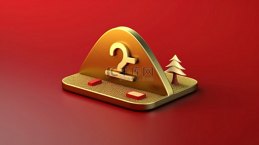 标志性露营地 3D 渲染的社交媒体符号，红色哑光金盘上有金色露营地标志