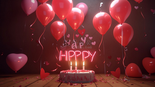 生日派對背景图片_用红心装饰的欢庆生日问候的 3 维插图
