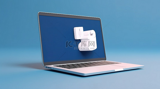 蓝色背景上 facebook 和笔记本电脑徽标的 3d 渲染