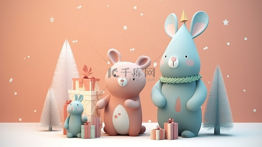 圣诞树庆祝 3D 渲染兔子和熊拿着节日服装的礼物