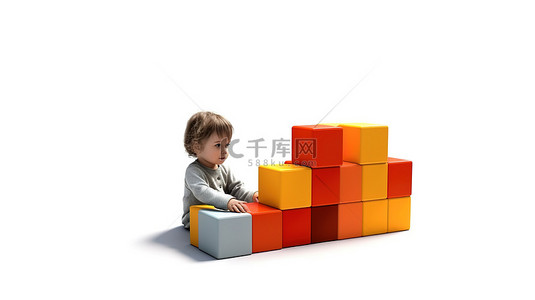 幼儿园背景图片_一个孩子在白色空间 3D 插图中堆叠立方体并进行隔离