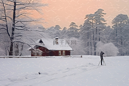 房子和森林上空的冰冻天空拍摄照片