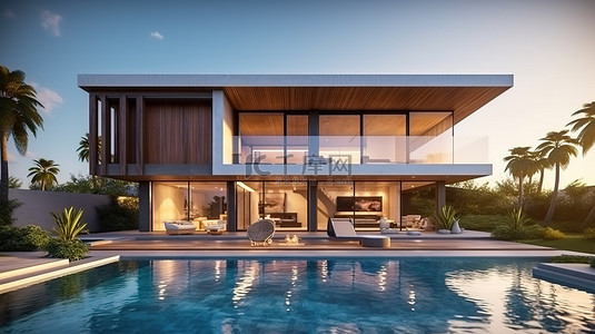 现代建筑中带露台和泳池区的当代房屋的 3D 渲染