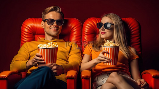 观看电影背景图片_3d 戴眼镜的情侣享受爆米花盛宴