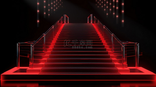 活动贵宾背景图片_奢华红地毯活动的令人惊叹的 3D 可视化，带有路径障碍高领奖台楼梯和投影仪灯