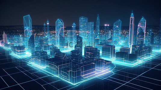 智能城市概念全息图现代城市 3d 运动图形
